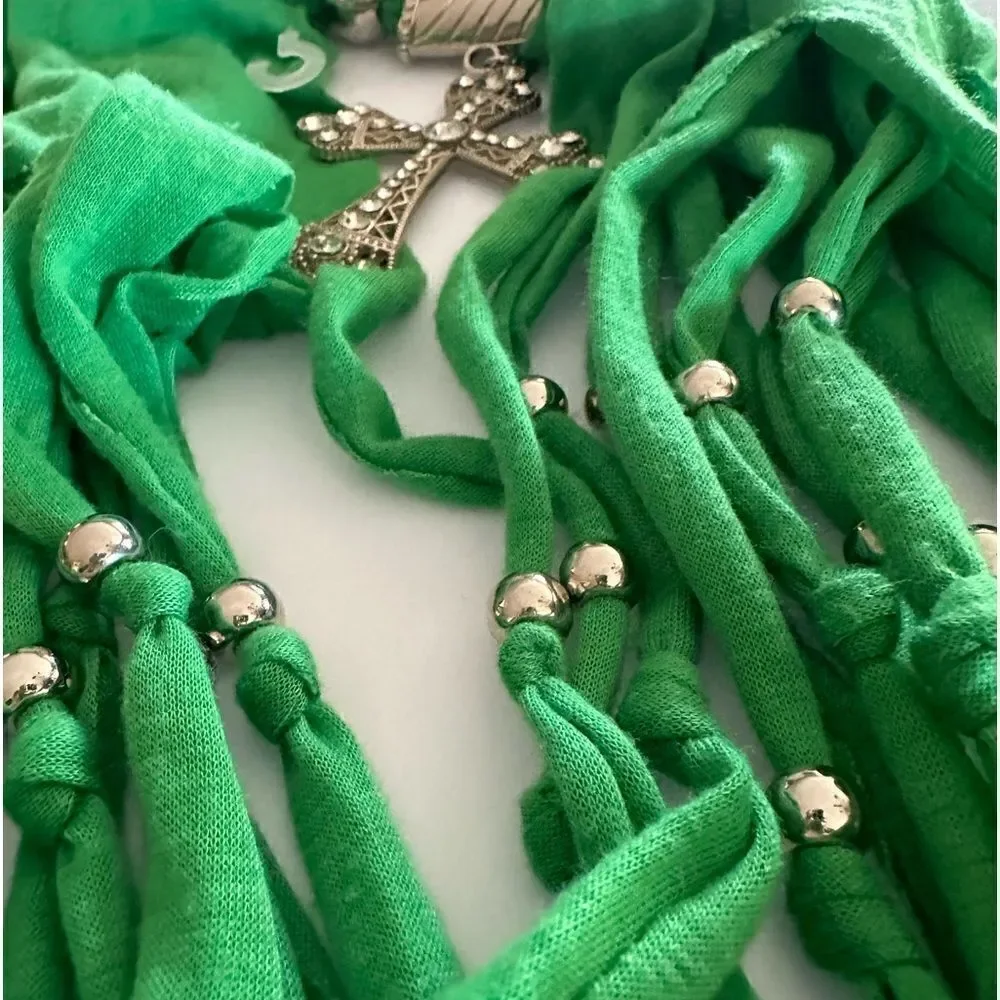 BIG SILVER CROSS GREEN TYE RAG BEADED BELT CLOTH SCARF